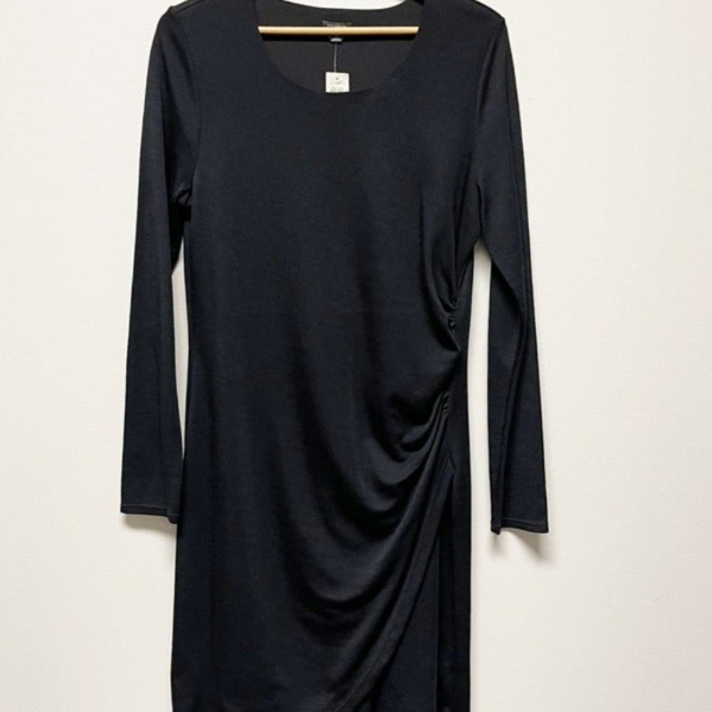 Black Wool Blend Long Sleeve Faux Wrap Black Midi